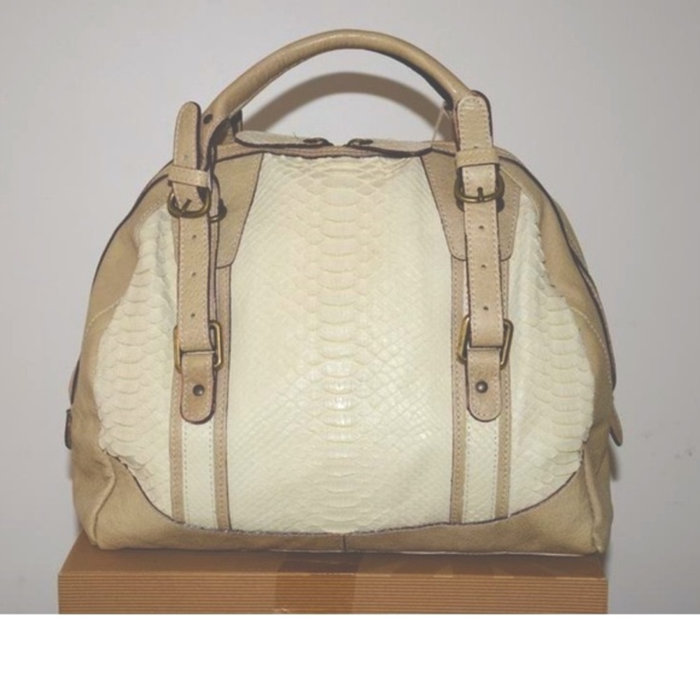 Spring Sales ABACO Real Python Delano Bowling Beige Top Handle Bag New - Picture 2 of 8